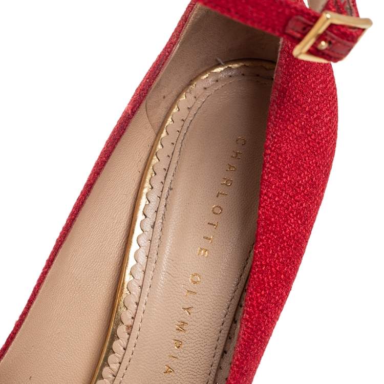 Pre Owned Charlotte Olympia Red Canvas Dolly Platform Pumps Size 38