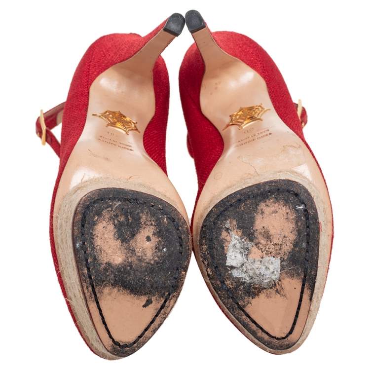 Pre Owned Charlotte Olympia Red Canvas Dolly Platform Pumps Size 38