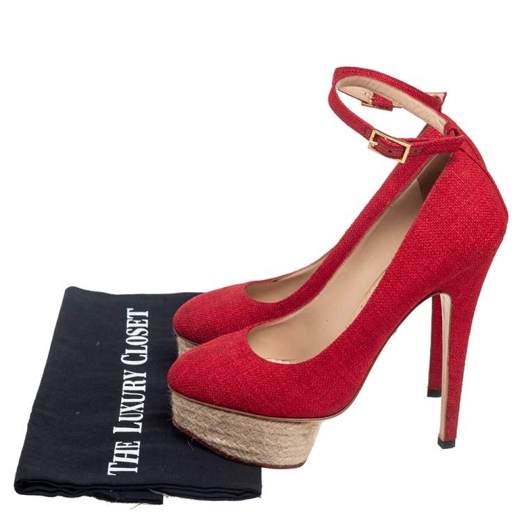 Pre Owned Charlotte Olympia Red Canvas Dolly Platform Pumps Size 38