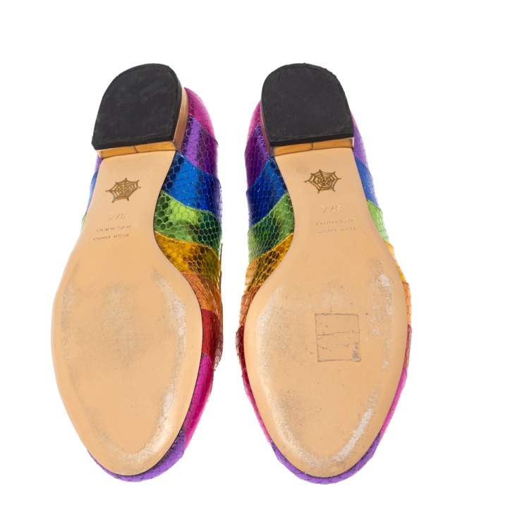 Pre Owned Charlotte Olympia Metallic Multicolor Snake Print Leather Kitty Ballet Flats Size 37.5