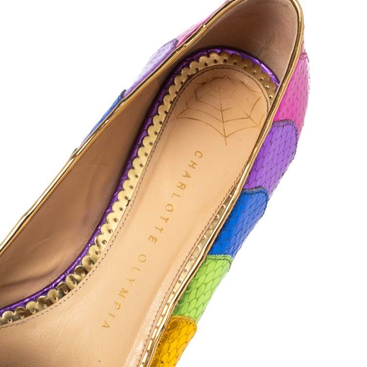Pre Owned Charlotte Olympia Metallic Multicolor Snake Print Leather Kitty Ballet Flats Size 37.5