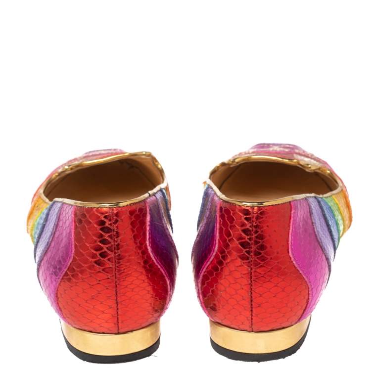 Pre Owned Charlotte Olympia Metallic Multicolor Snake Print Leather Kitty Ballet Flats Size 37.5