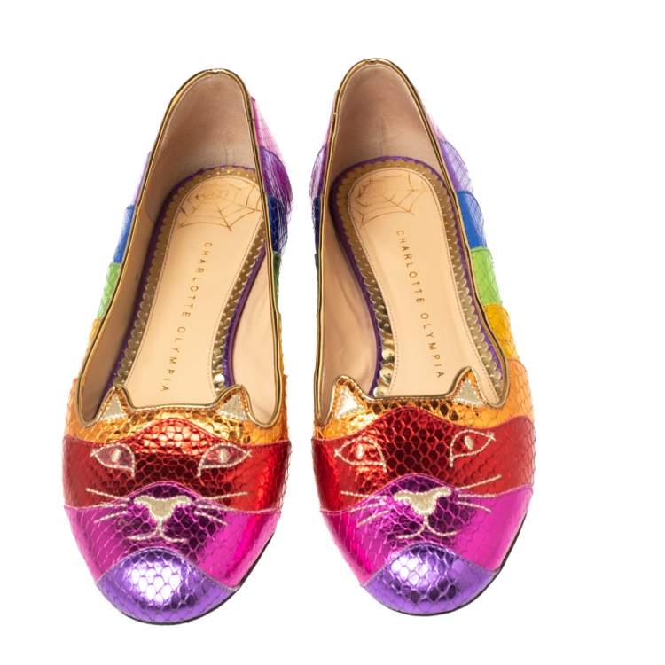 Pre Owned Charlotte Olympia Metallic Multicolor Snake Print Leather Kitty Ballet Flats Size 37.5