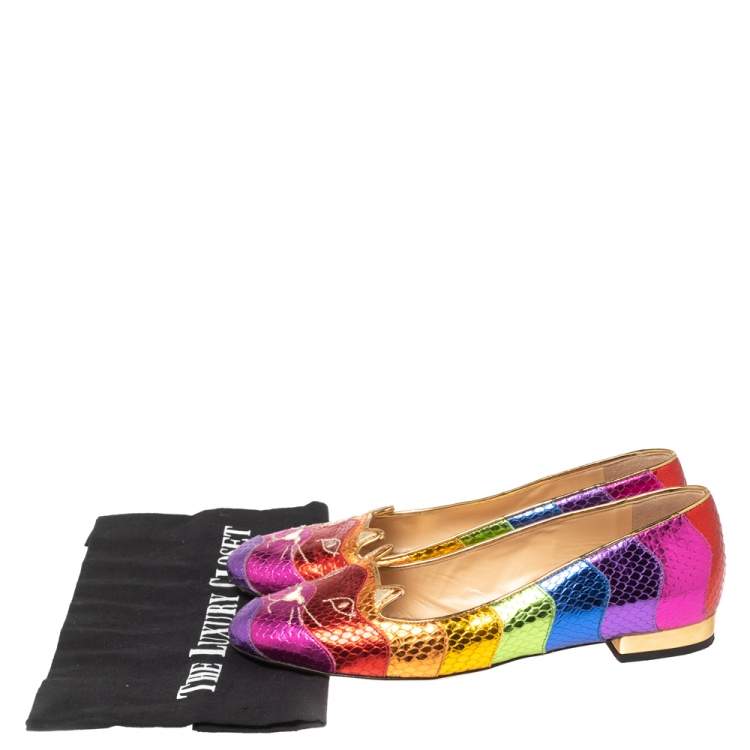 Pre Owned Charlotte Olympia Metallic Multicolor Snake Print Leather Kitty Ballet Flats Size 37.5