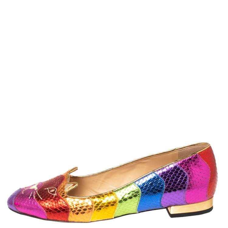 Pre Owned Charlotte Olympia Metallic Multicolor Snake Print Leather Kitty Ballet Flats Size 37.5