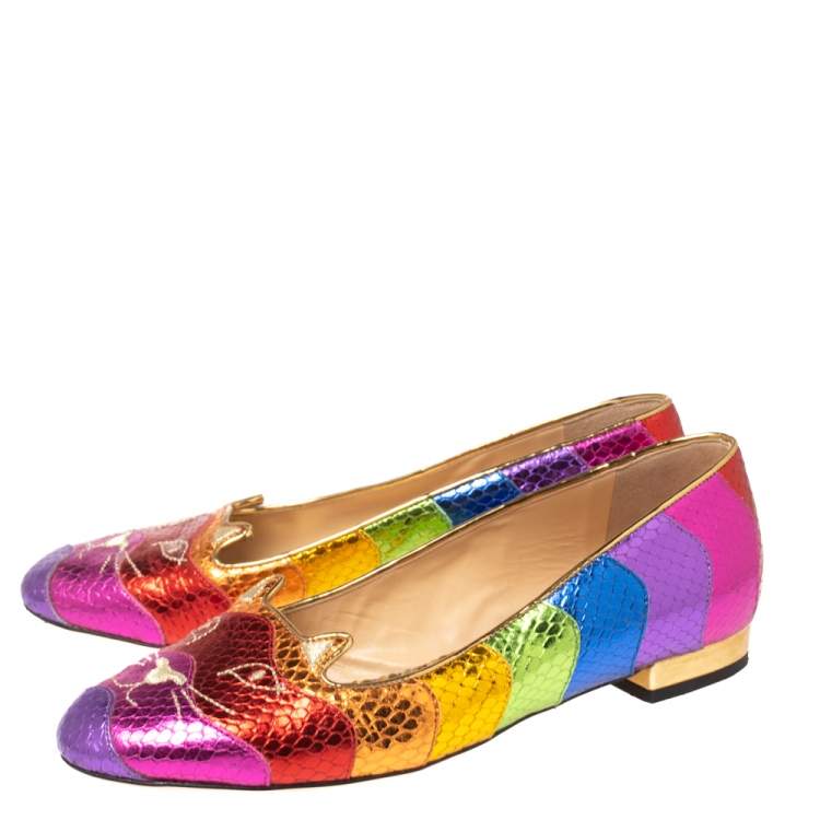 Pre Owned Charlotte Olympia Metallic Multicolor Snake Print Leather Kitty Ballet Flats Size 37.5