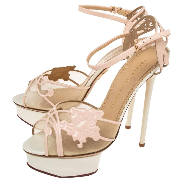 Pre Owned Charlotte Olympia Pink/White Patent Leather and Mesh Peep Toe Platform Sandals Size 38