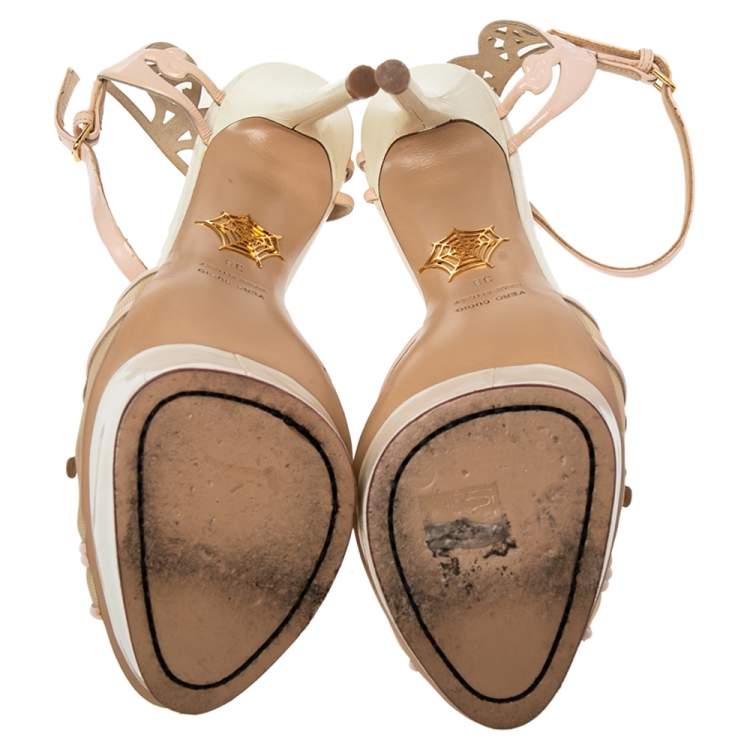 Pre Owned Charlotte Olympia Pink/White Patent Leather and Mesh Peep Toe Platform Sandals Size 38