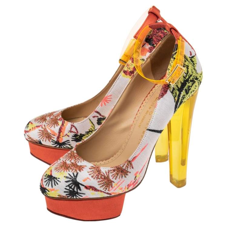 Pre Owned Charlotte Olympia Multicolor Fabric Dolly Platform Ankle Strap  Pump Size 38