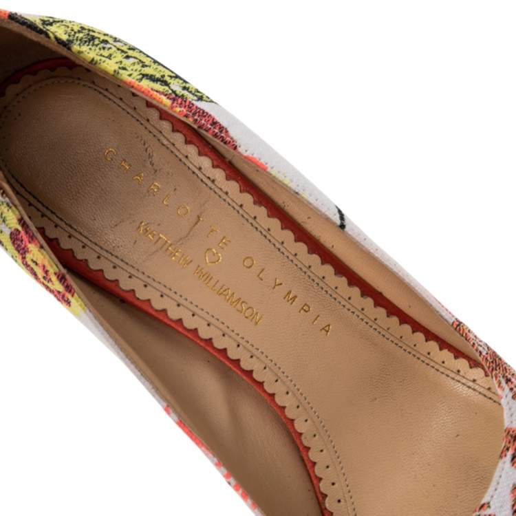Pre Owned Charlotte Olympia Multicolor Fabric Dolly Platform Ankle Strap  Pump Size 38