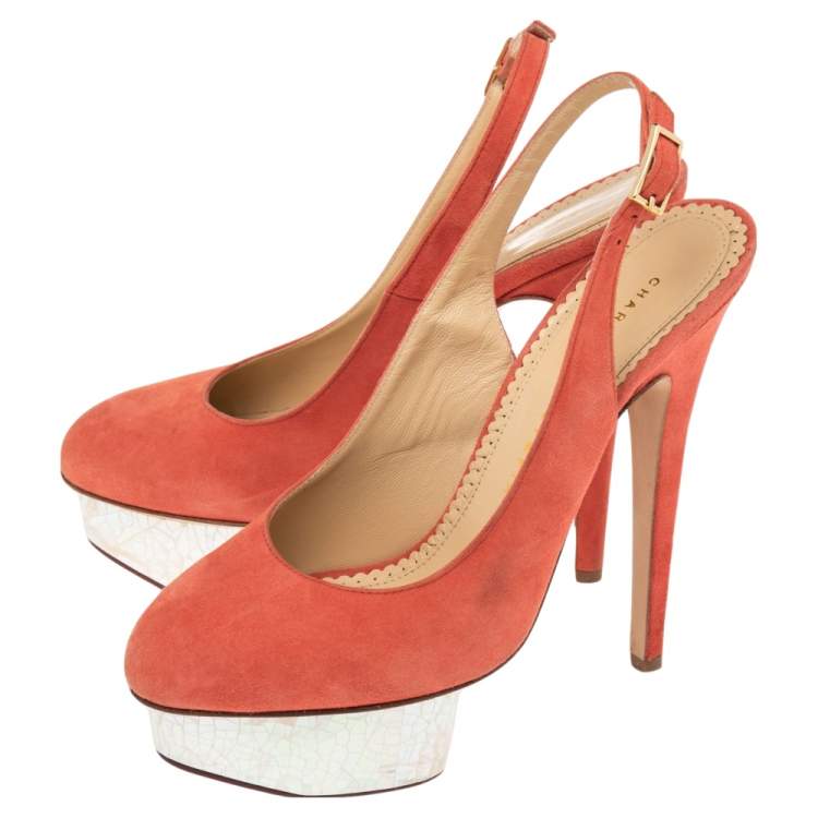 Pre Owned Charlotte Olympia Coral Suede Dolly Slingback Platform Pumps Size 38