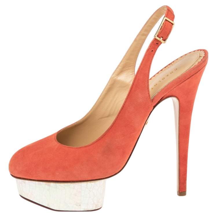 Pre Owned Charlotte Olympia Coral Suede Dolly Slingback Platform Pumps Size 38
