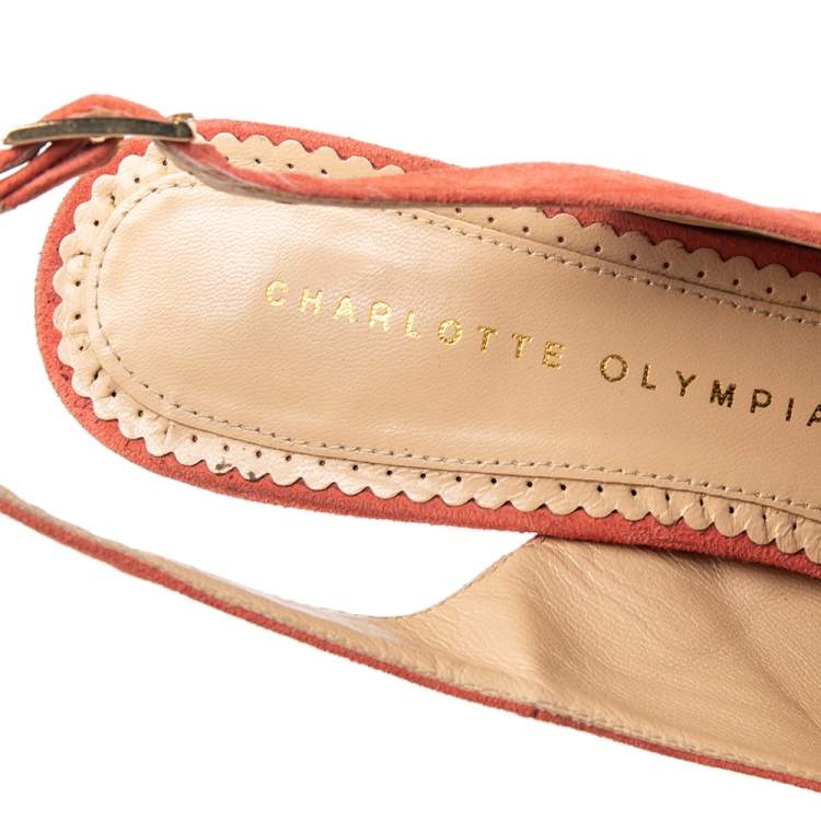 Pre Owned Charlotte Olympia Coral Suede Dolly Slingback Platform Pumps Size 38