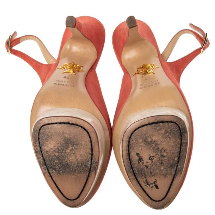 Pre Owned Charlotte Olympia Coral Suede Dolly Slingback Platform Pumps Size 38