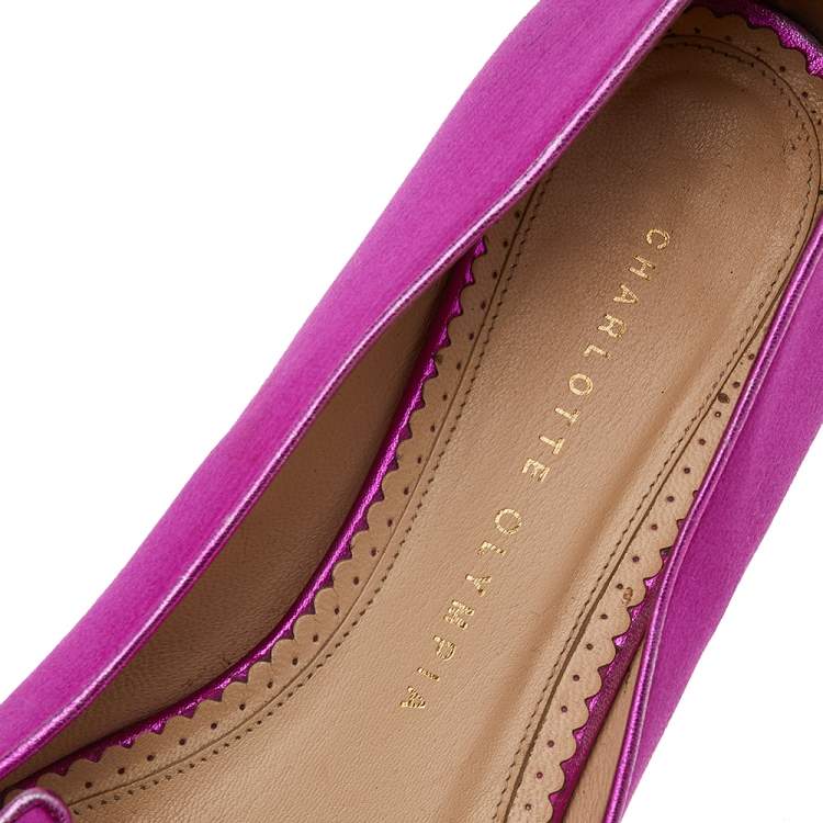 Pre Owned Charlotte Olympia Pink Satin Kitty Embroidered Flats Size 38