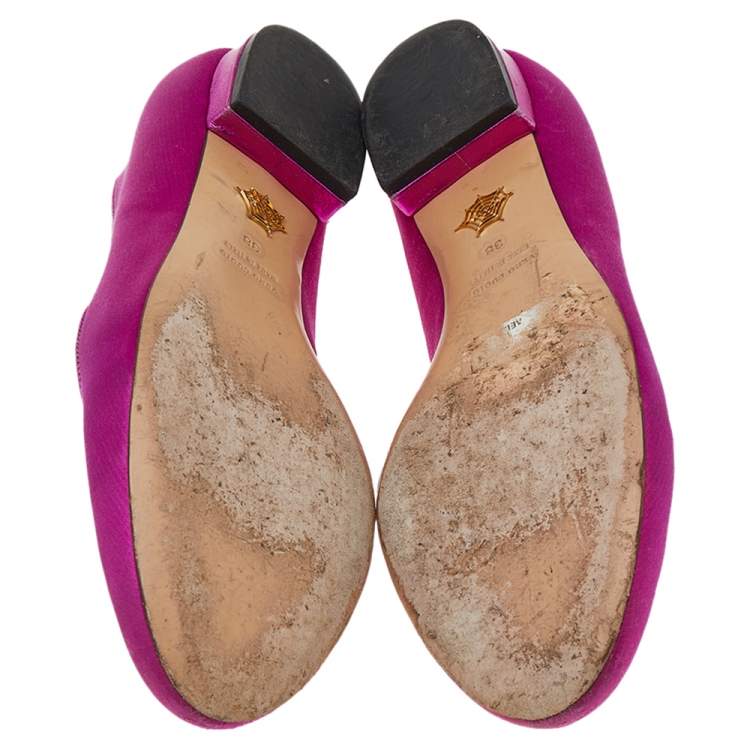 Pre Owned Charlotte Olympia Pink Satin Kitty Embroidered Flats Size 38