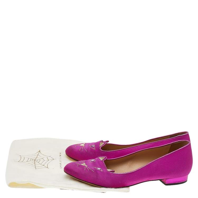 Pre Owned Charlotte Olympia Pink Satin Kitty Embroidered Flats Size 38