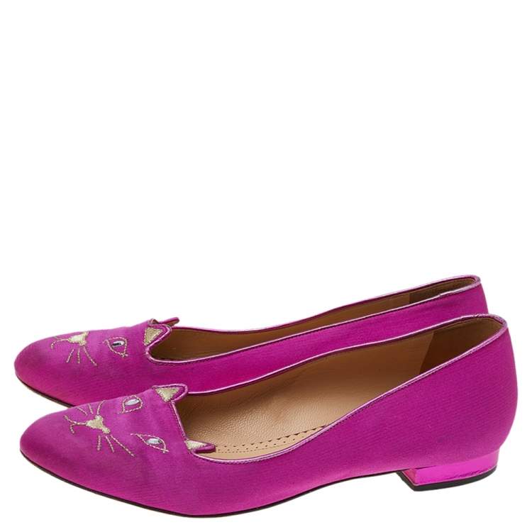 Pre Owned Charlotte Olympia Pink Satin Kitty Embroidered Flats Size 38
