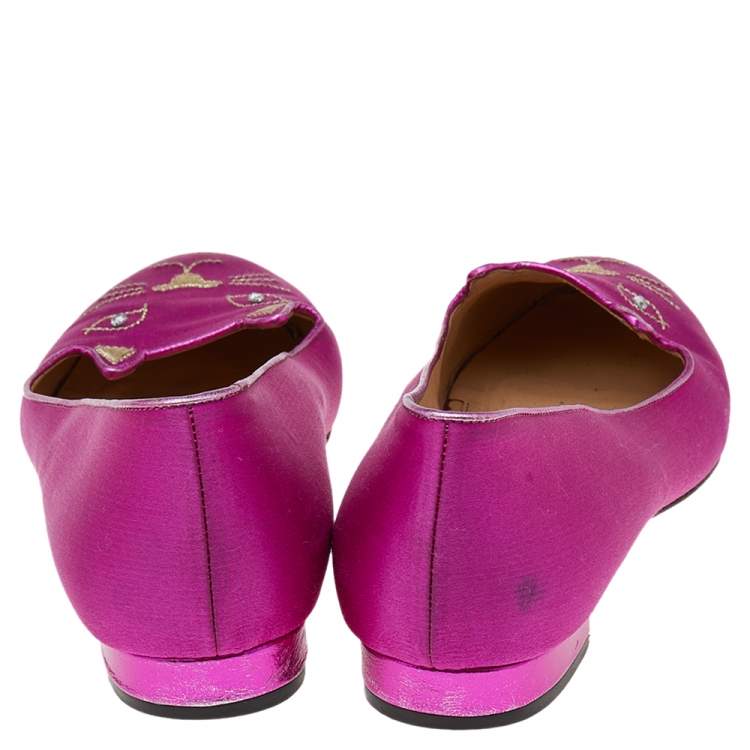 Pre Owned Charlotte Olympia Pink Satin Kitty Embroidered Flats Size 38