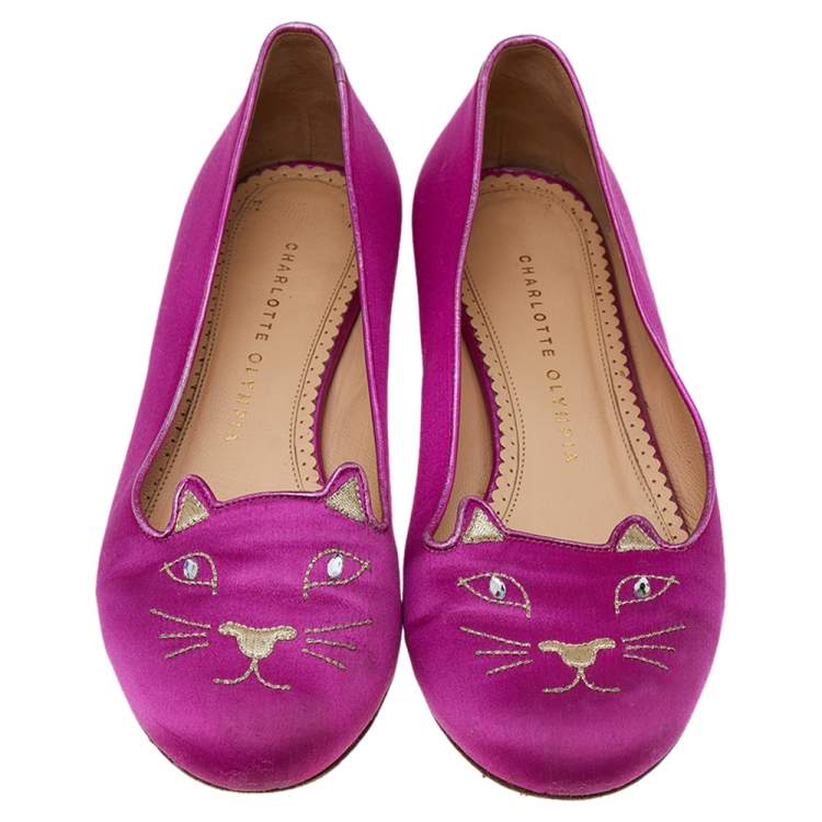 Pre Owned Charlotte Olympia Pink Satin Kitty Embroidered Flats Size 38