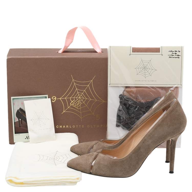 Pre Owned Charlotte Olympia Brown Suede PVC Trimmed Natalie Pumps Size 38