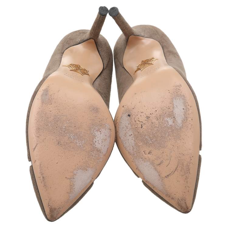 Pre Owned Charlotte Olympia Brown Suede PVC Trimmed Natalie Pumps Size 38