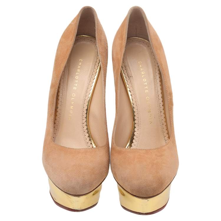 Pre Owned Charlotte Olympia Brown Suede Dolly Platform Pumps Size 37.5