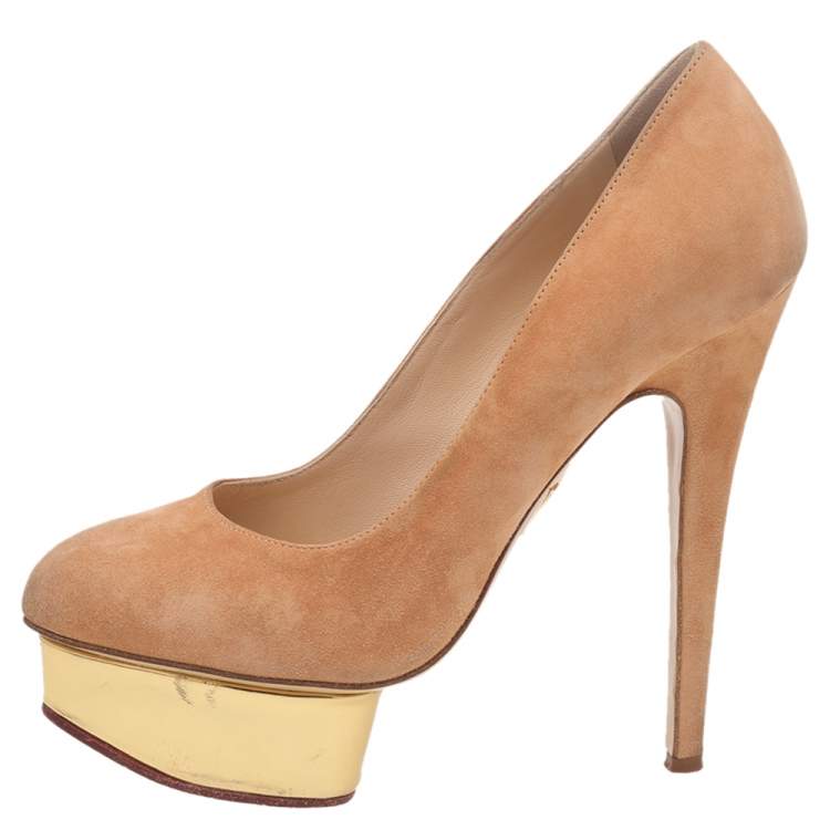 Pre Owned Charlotte Olympia Brown Suede Dolly Platform Pumps Size 37.5