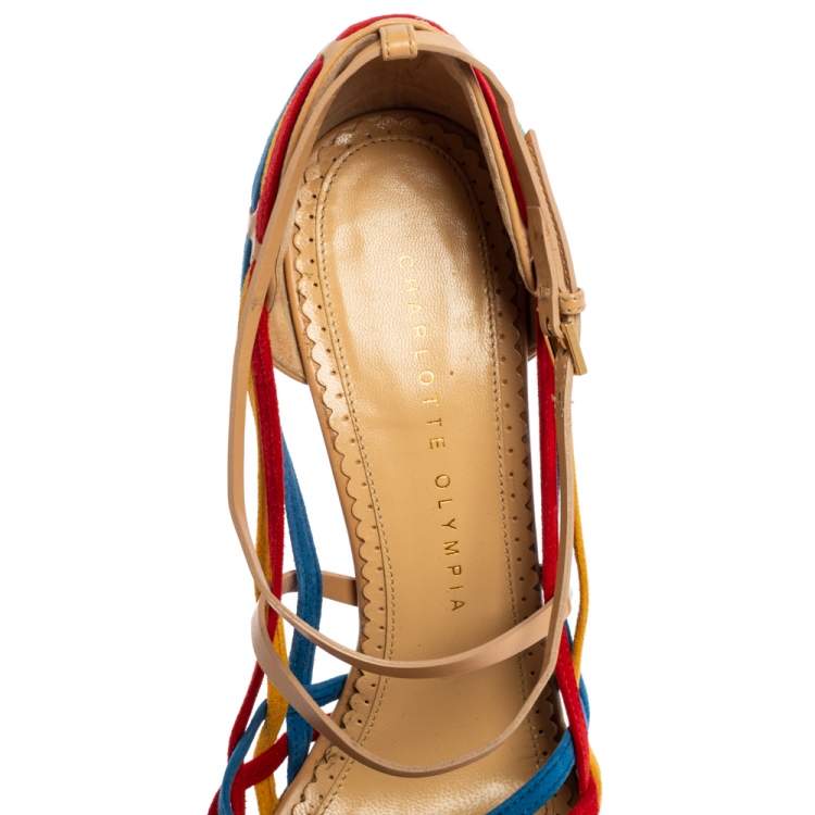 Pre Owned Charlotte Olympia  Multicolor Suede And Leather  X Strap Retro Pumps Size 37