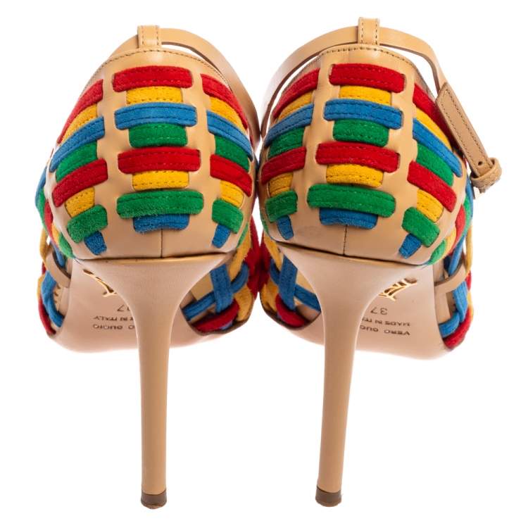 Pre Owned Charlotte Olympia  Multicolor Suede And Leather  X Strap Retro Pumps Size 37