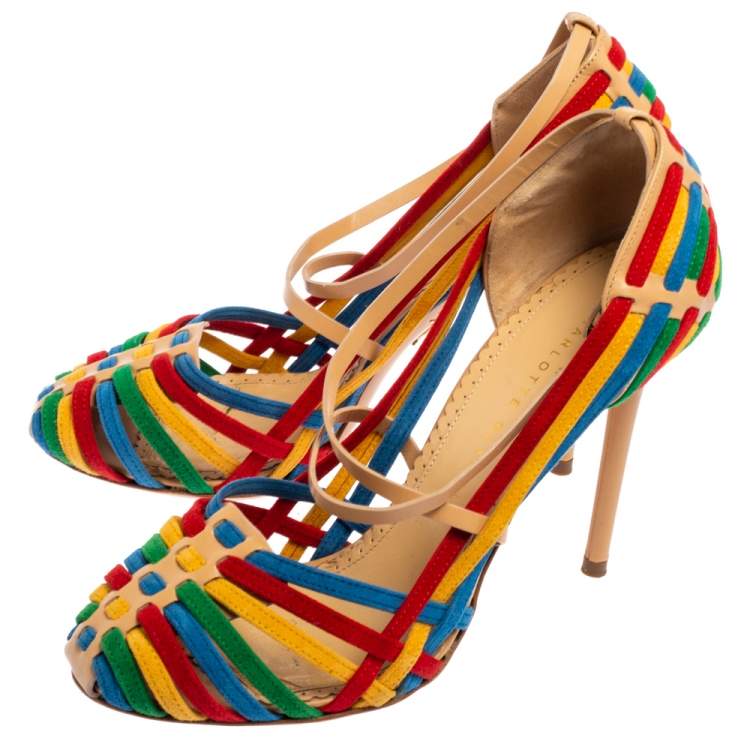 Pre Owned Charlotte Olympia  Multicolor Suede And Leather  X Strap Retro Pumps Size 37