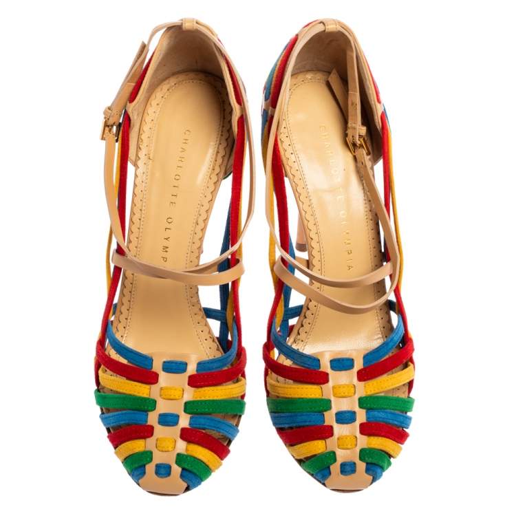 Pre Owned Charlotte Olympia  Multicolor Suede And Leather  X Strap Retro Pumps Size 37