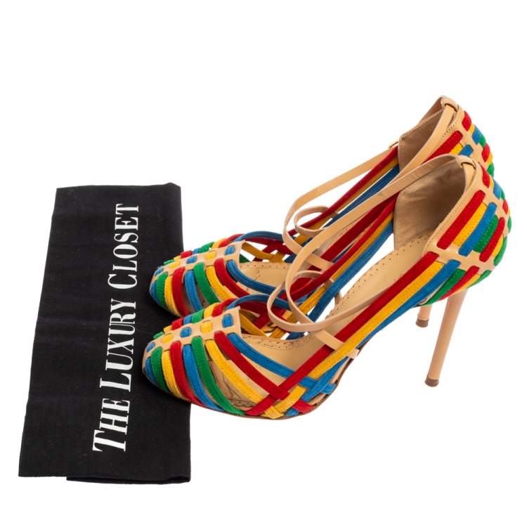 Pre Owned Charlotte Olympia  Multicolor Suede And Leather  X Strap Retro Pumps Size 37