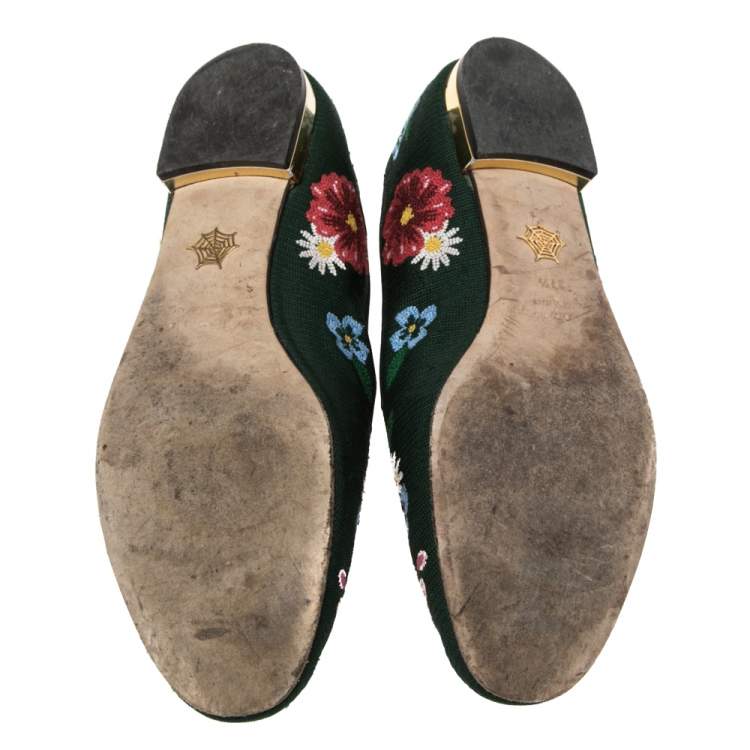 Pre Owned Charlotte Olympia Multicolor Fabric Floral Embroidered Flats Size 37.5