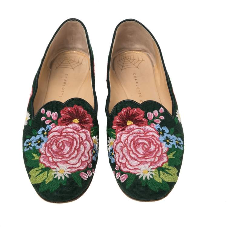 Pre Owned Charlotte Olympia Multicolor Fabric Floral Embroidered Flats Size 37.5