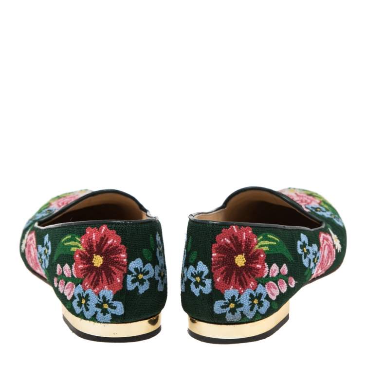 Pre Owned Charlotte Olympia Multicolor Fabric Floral Embroidered Flats Size 37.5