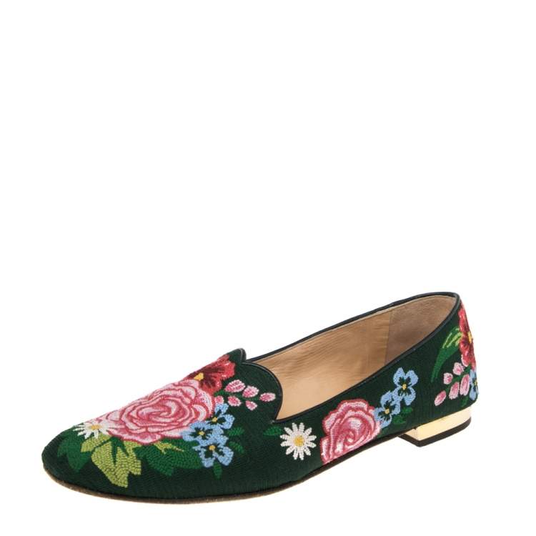 Pre Owned Charlotte Olympia Multicolor Fabric Floral Embroidered Flats Size 37.5