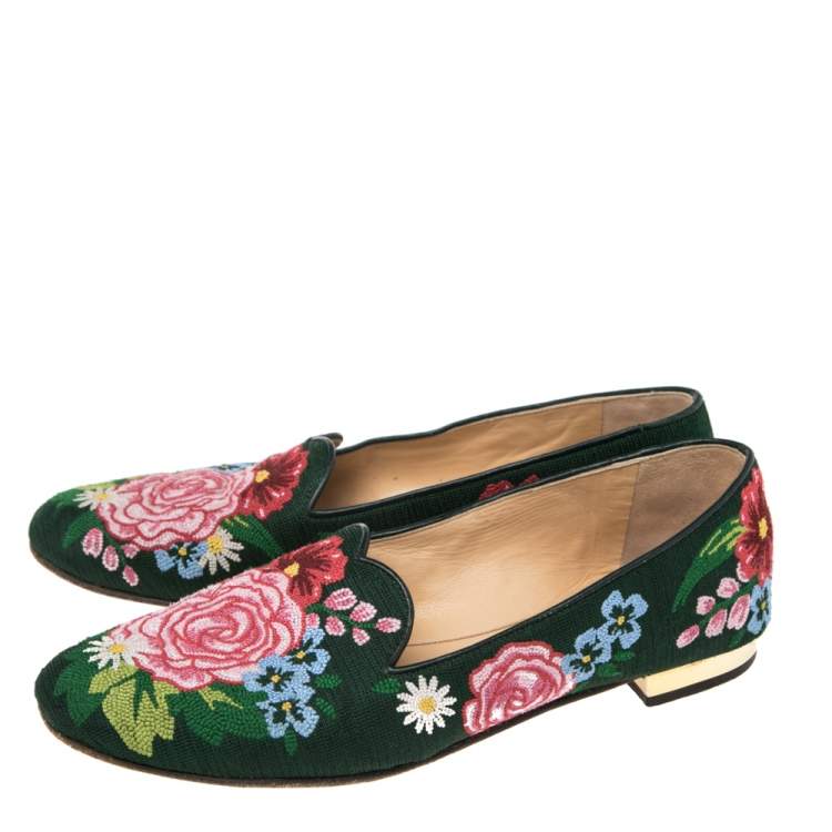 Pre Owned Charlotte Olympia Multicolor Fabric Floral Embroidered Flats Size 37.5