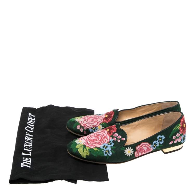 Pre Owned Charlotte Olympia Multicolor Fabric Floral Embroidered Flats Size 37.5