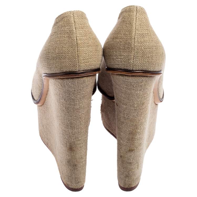Pre Owned Charlotte Olympia Dark Beige Canvas Carmen Wedge Pumps Size 38