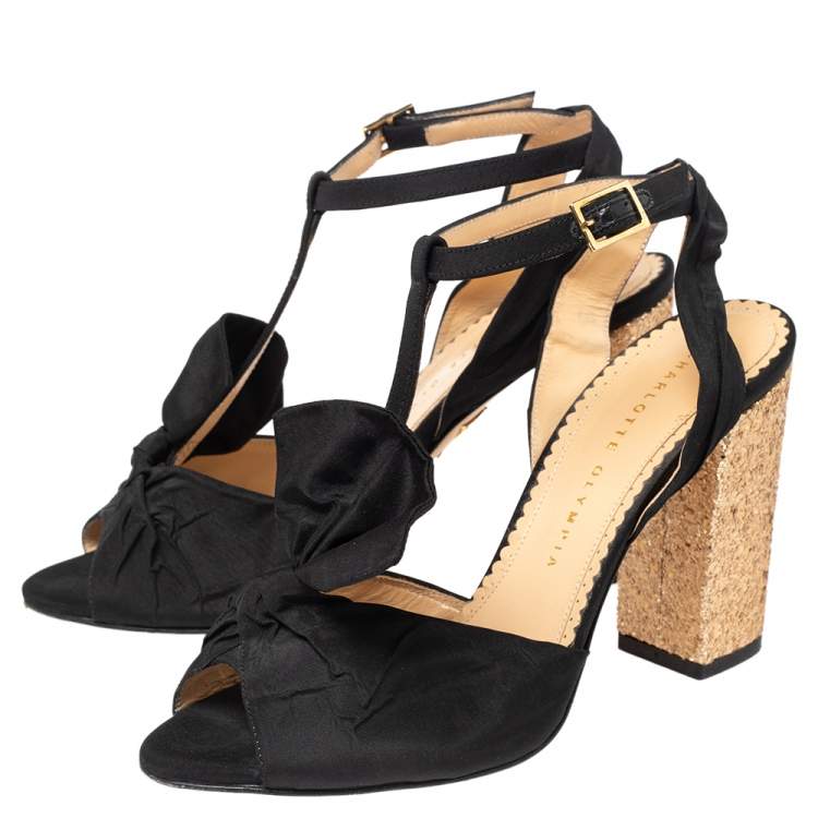 Pre Owned Charlotte Olympia Black Fabric Bow T Strap Ankle Sandals Size 37.5