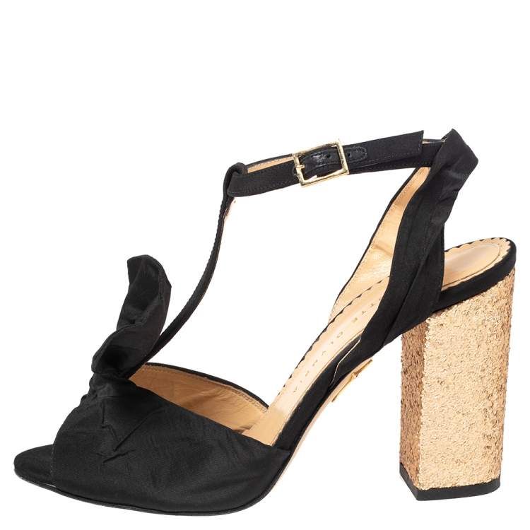Pre Owned Charlotte Olympia Black Fabric Bow T Strap Ankle Sandals Size 37.5