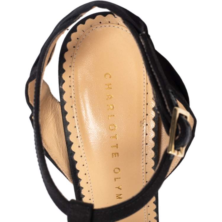 Pre Owned Charlotte Olympia Black Fabric Bow T Strap Ankle Sandals Size 37.5