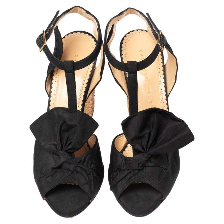 Pre Owned Charlotte Olympia Black Fabric Bow T Strap Ankle Sandals Size 37.5