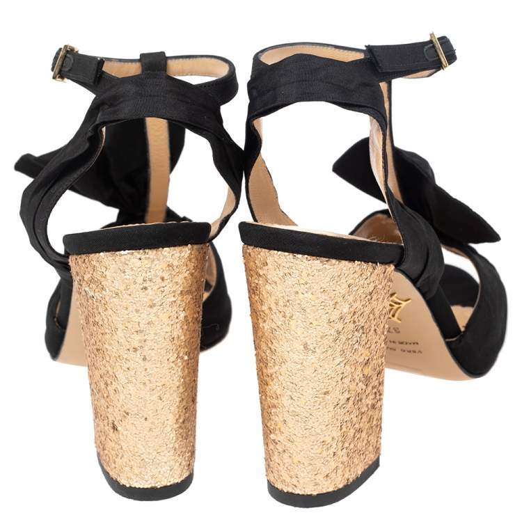 Pre Owned Charlotte Olympia Black Fabric Bow T Strap Ankle Sandals Size 37.5