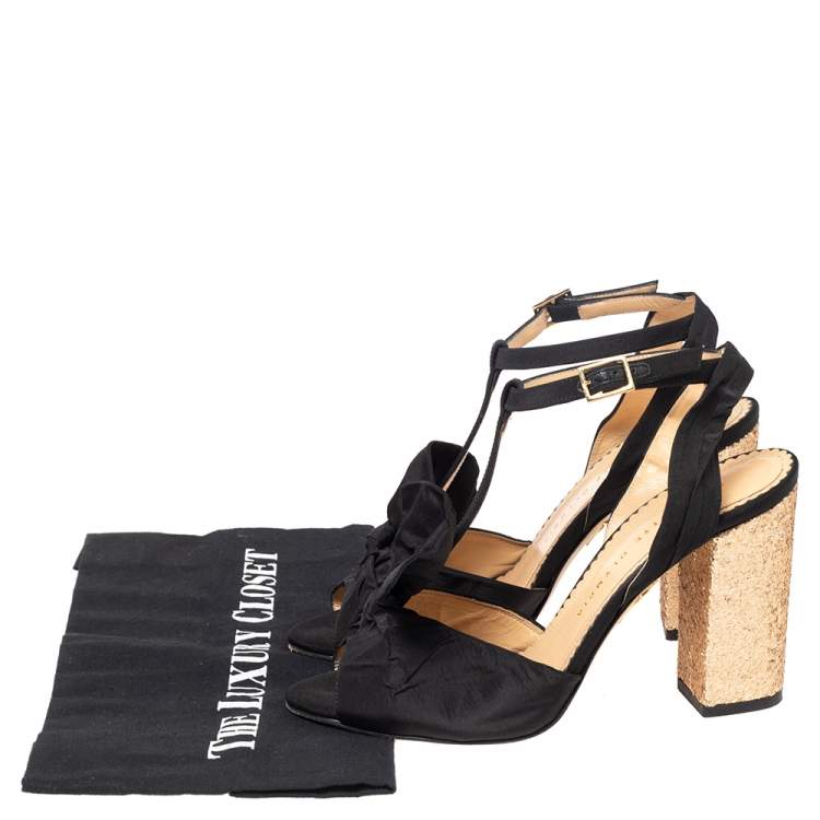Pre Owned Charlotte Olympia Black Fabric Bow T Strap Ankle Sandals Size 37.5