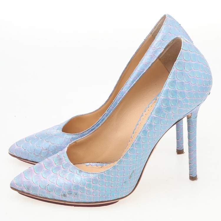 Pre Owned Charlotte Olympia Blue Python Leather Monroe Pointed Toe Pumps Size 35