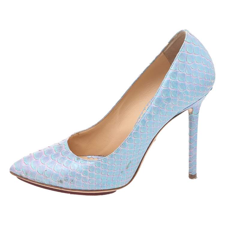 Pre Owned Charlotte Olympia Blue Python Leather Monroe Pointed Toe Pumps Size 35