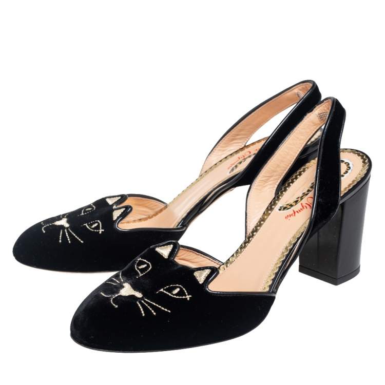 Pre Owned Charlotte Olympia Black Velvet and Patent Leather Trim Cat Embroidered Slingback Sandals Size 41