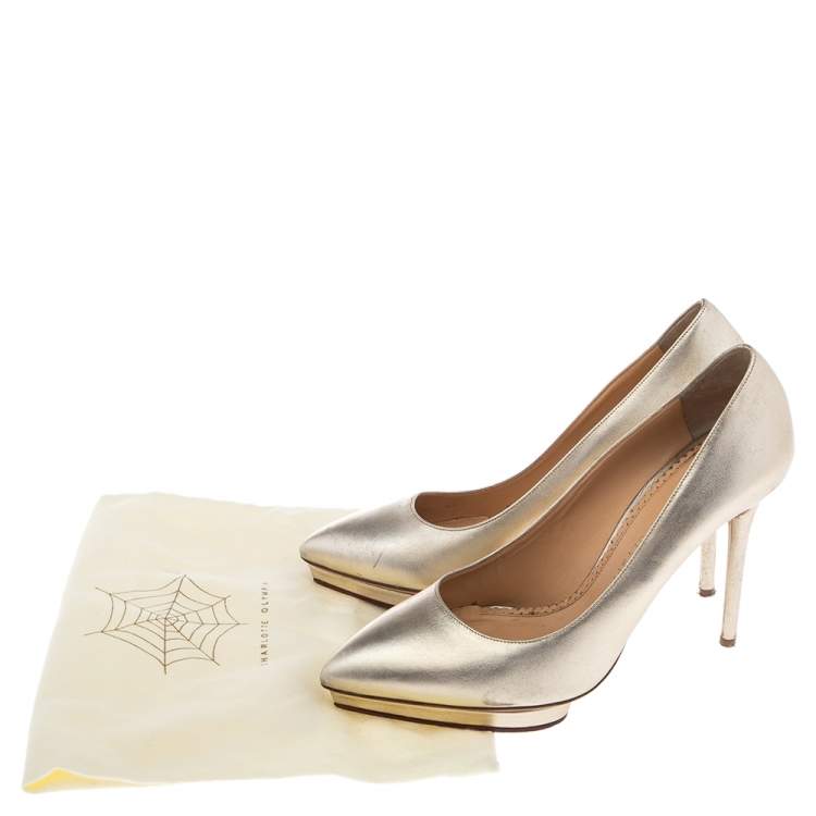 مملوكة مسبقًا Charlotte Olympia Metallic Gold Leather Monroe Pointed Toe Pumps Size 41